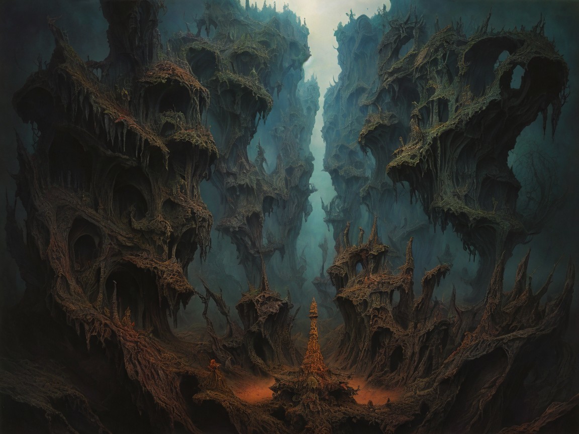 Surreal Landscape with Twisted Rock Formations and Light