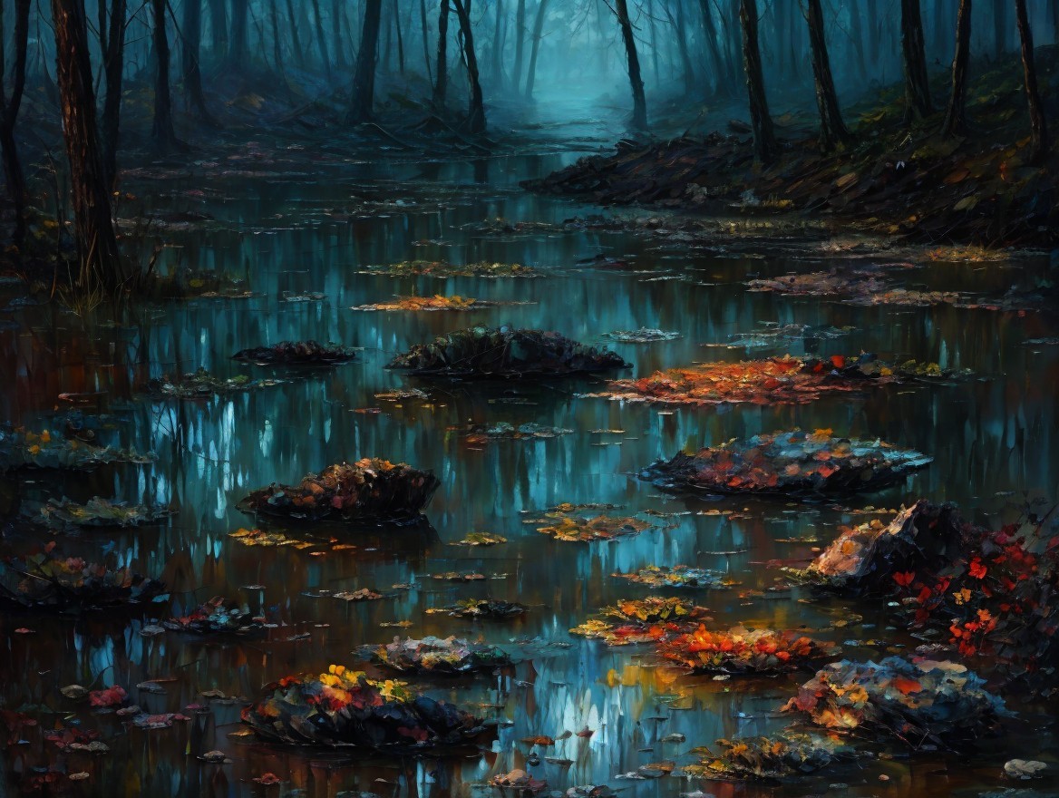 Misty Forest Reflection on Dark Waterway with Leaves