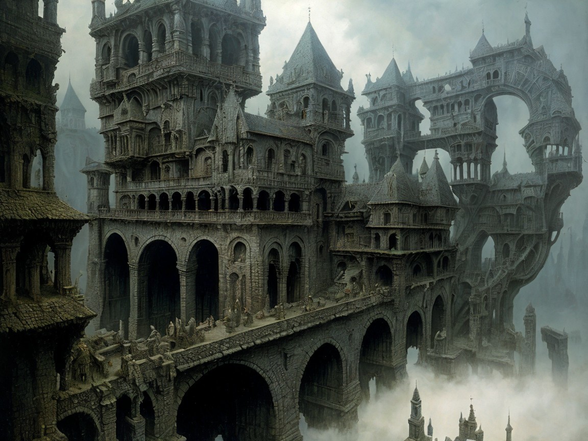 Gothic Landscape with Castles and Elevated Walkways