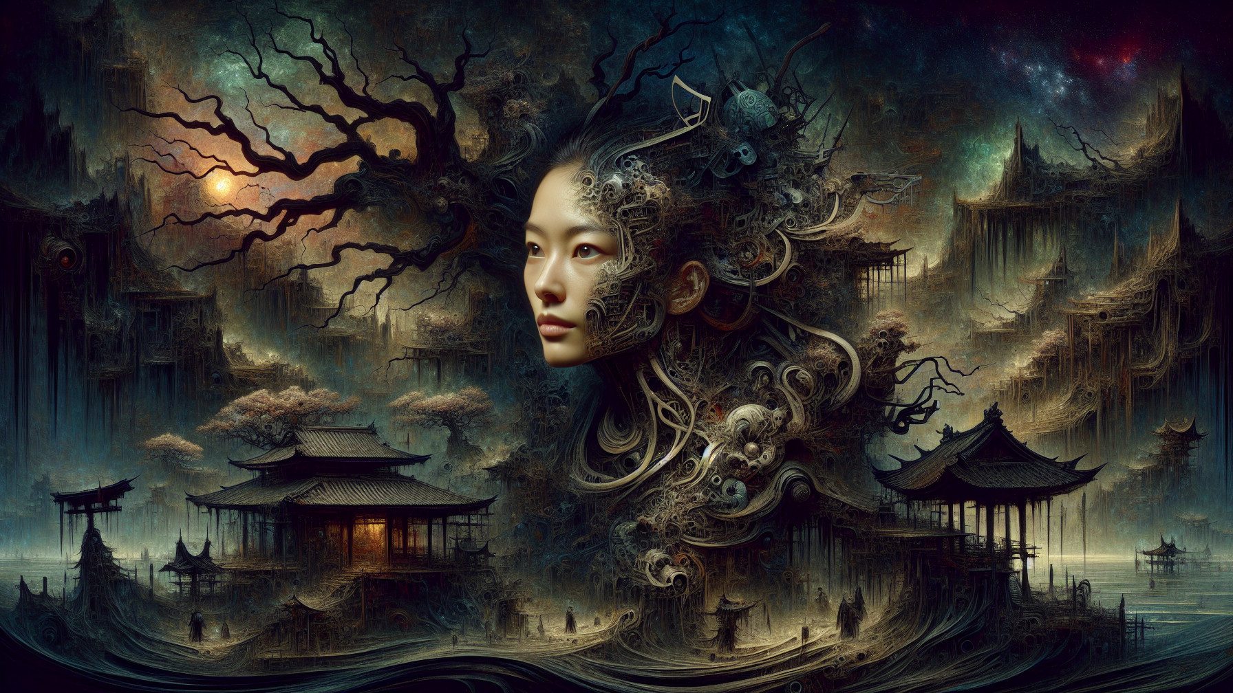 Surreal Landscape with Dark Forest and Ethereal Elements