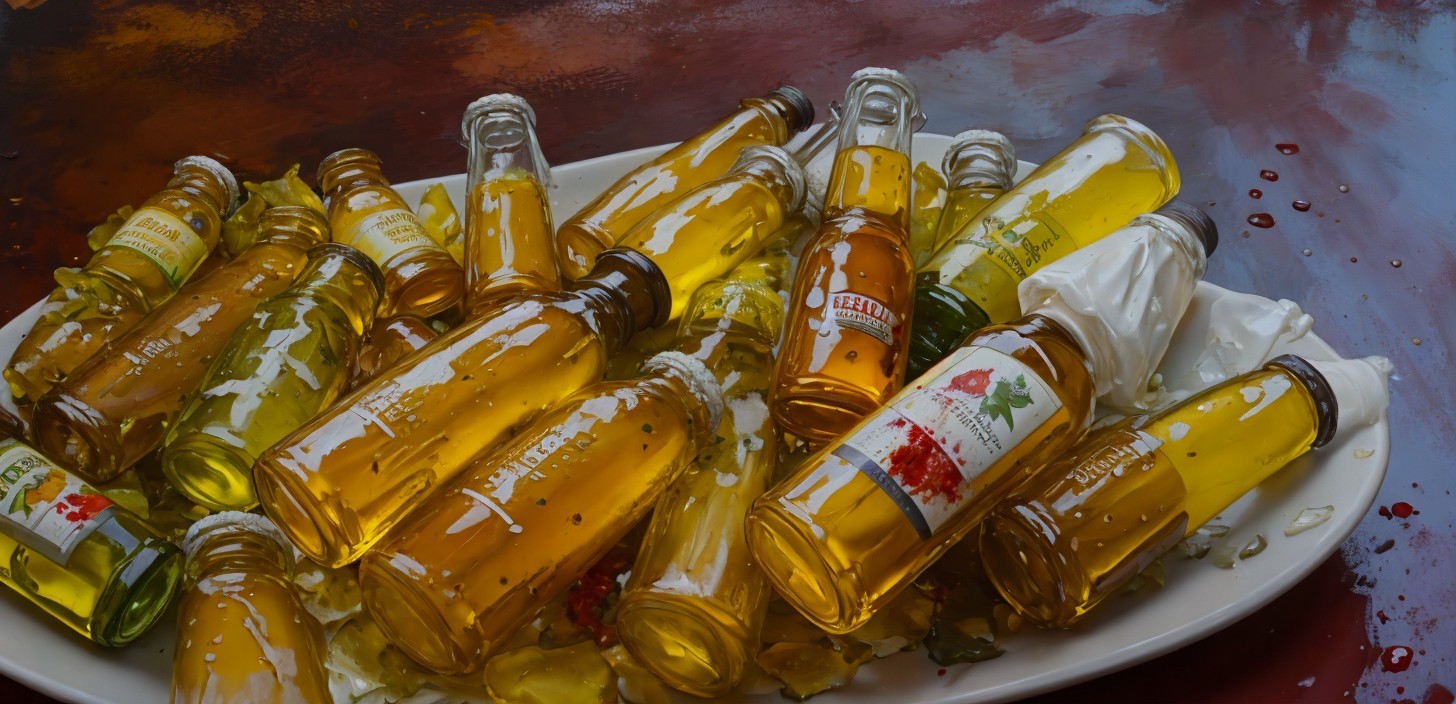 Colorful Glass Bottles with Yellow Liquids on Plate