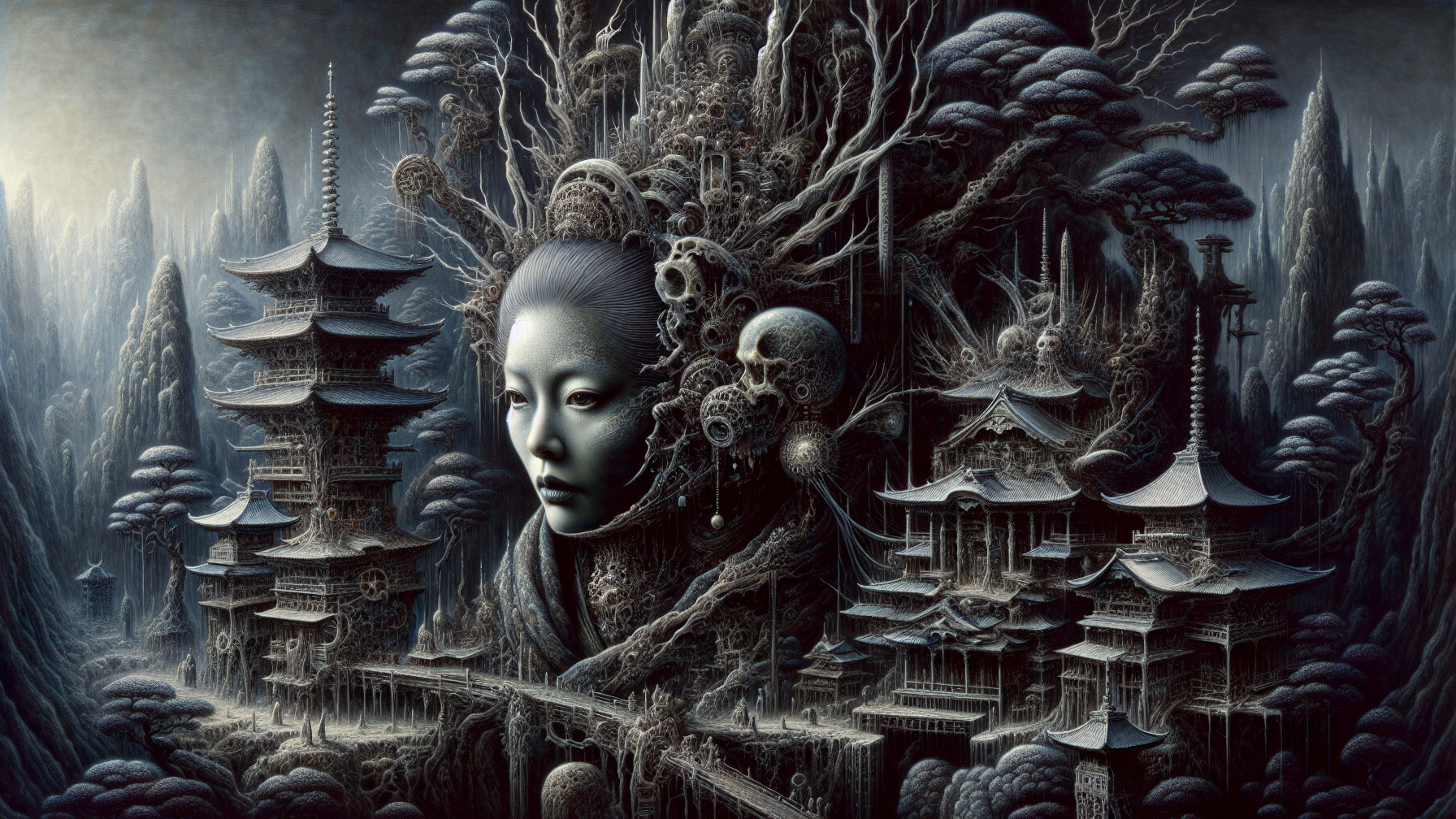 Surreal Landscape with Ethereal Face and Pagodas