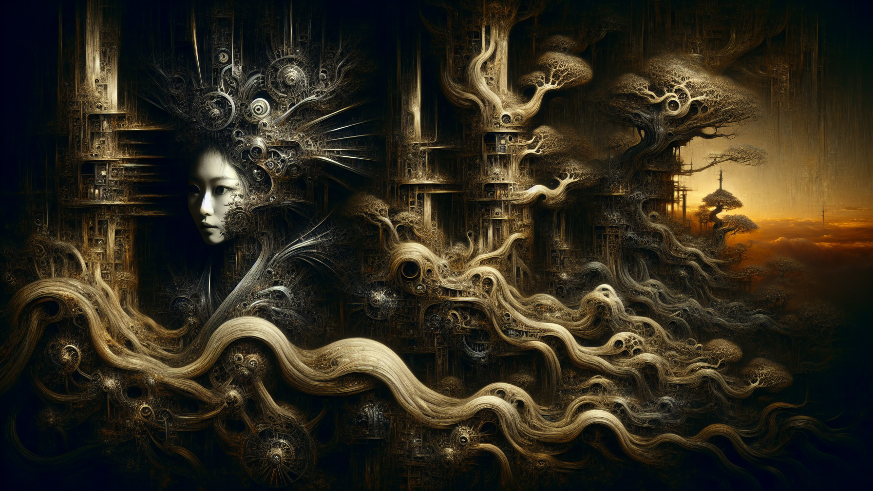 Surreal Dark Fantasy Landscape with Organic and Mechanical Elements