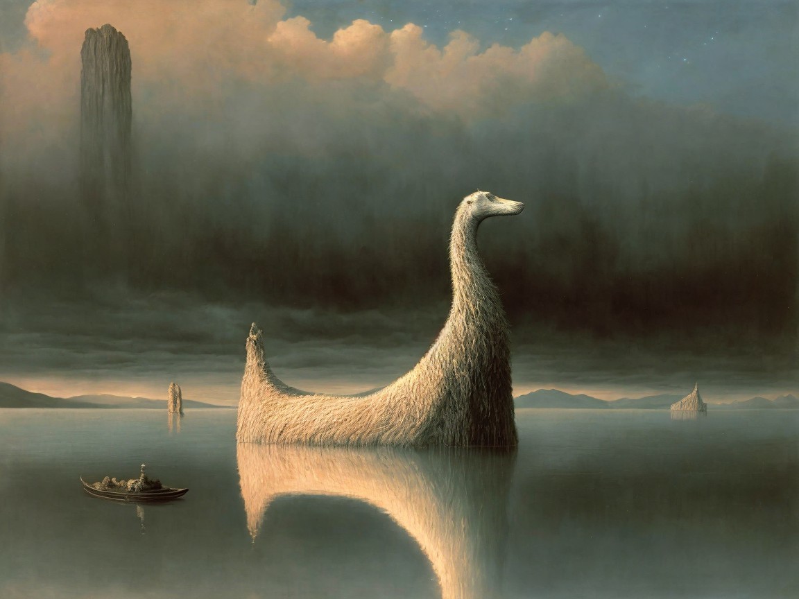 Surreal Landscape with Colossal Creature on Water