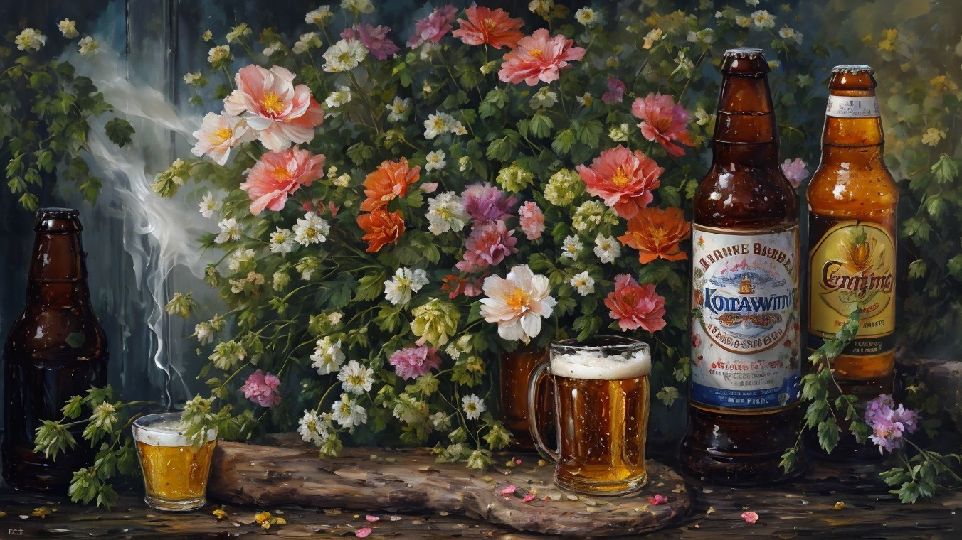 Vibrant Flowers and Beer in a Scenic Nature Setting