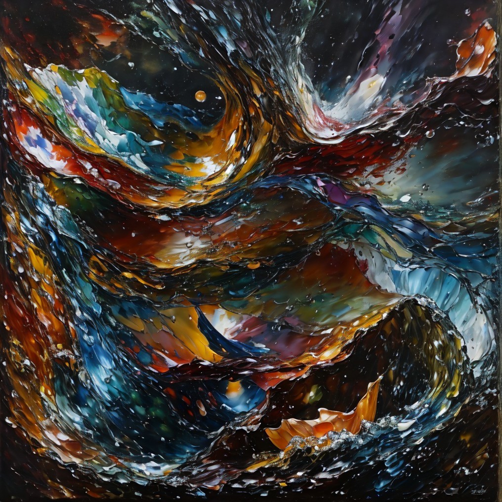 Vibrant Abstract Painting with Swirling Waves and Textures