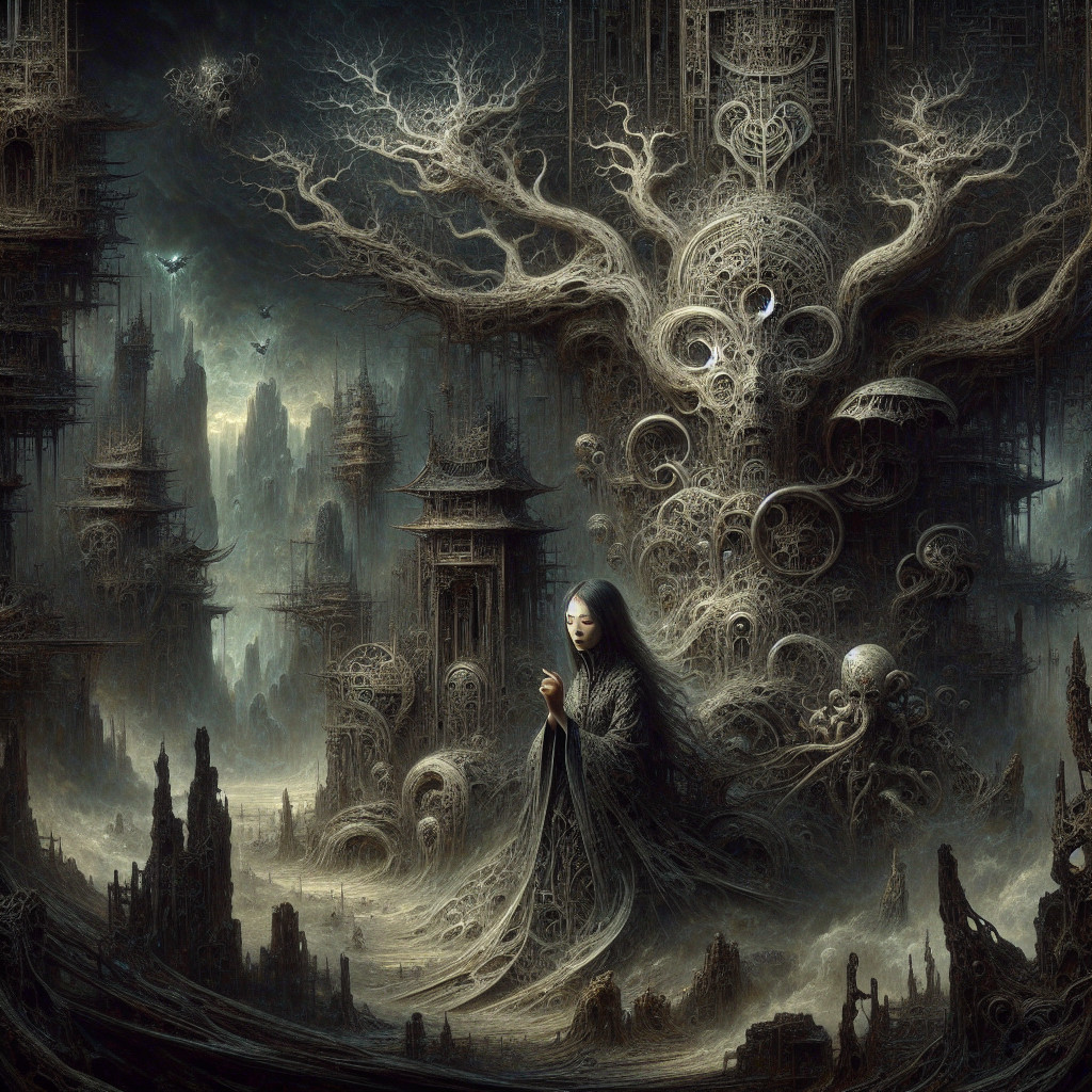 Lone Figure by Ancient Tree in Surreal Landscape