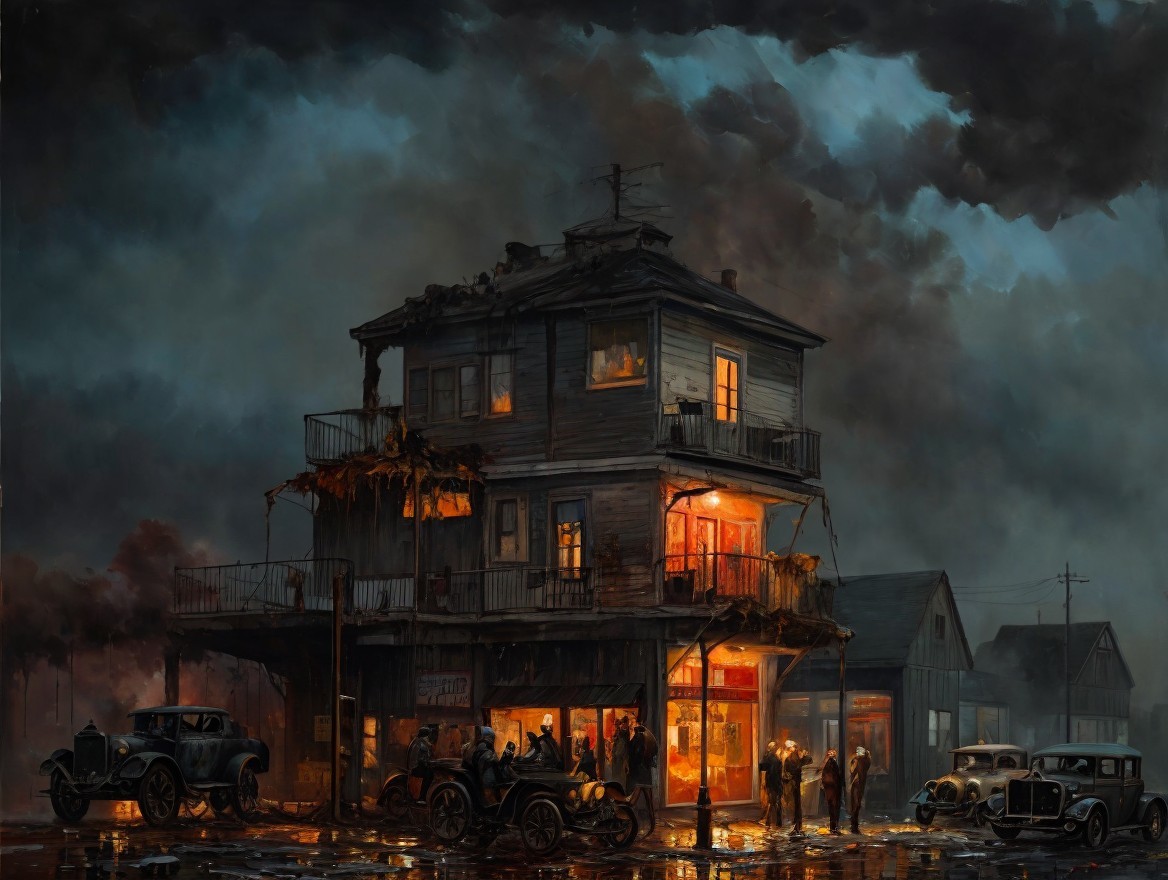 Vintage Building at Dusk with Classic Cars and People