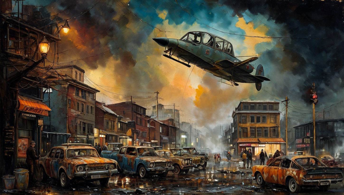 Oil Painting of Plane Over Street with Rusty Cars