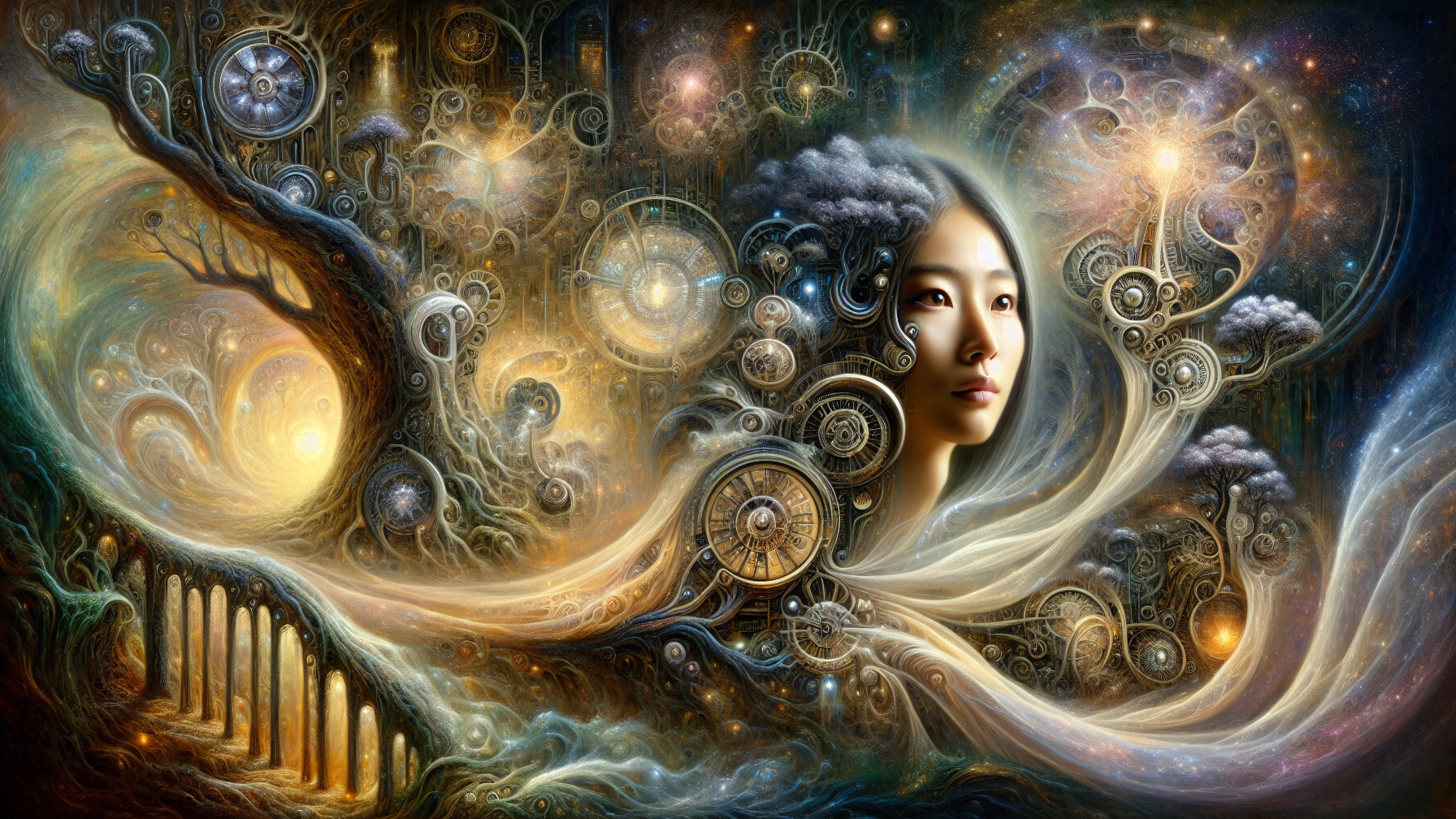 Surreal Cosmic Landscape with Woman's Face and Light