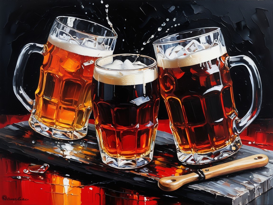 Three Frosty Beer Mugs with Different Brews on Plank