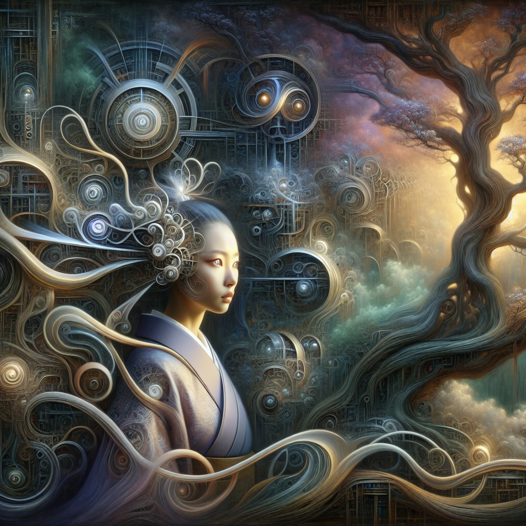 Surreal Scene of Woman in Traditional Attire with Nature and Tech
