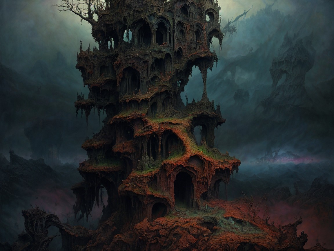 Surreal Landscape with Twisted Fortress Structure