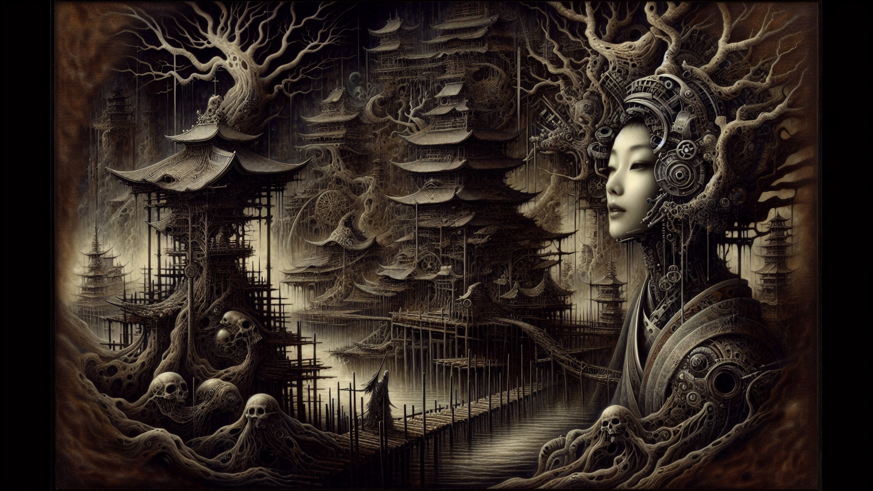 Surreal Landscape with Asian Architecture and Fantasy Elements