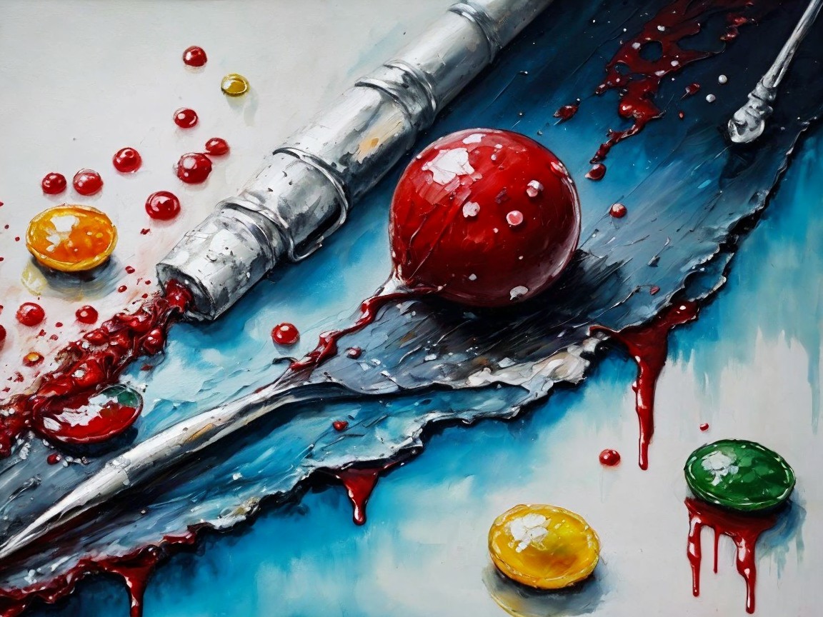 Abstract Composition with Metallic Object and Red Liquid