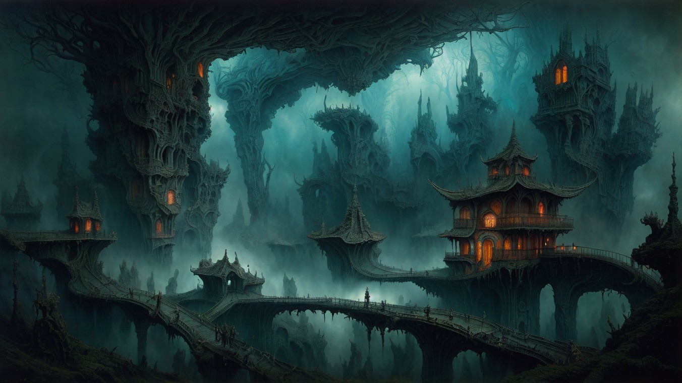 Surreal Landscape with Twisted Trees and Gothic Structures