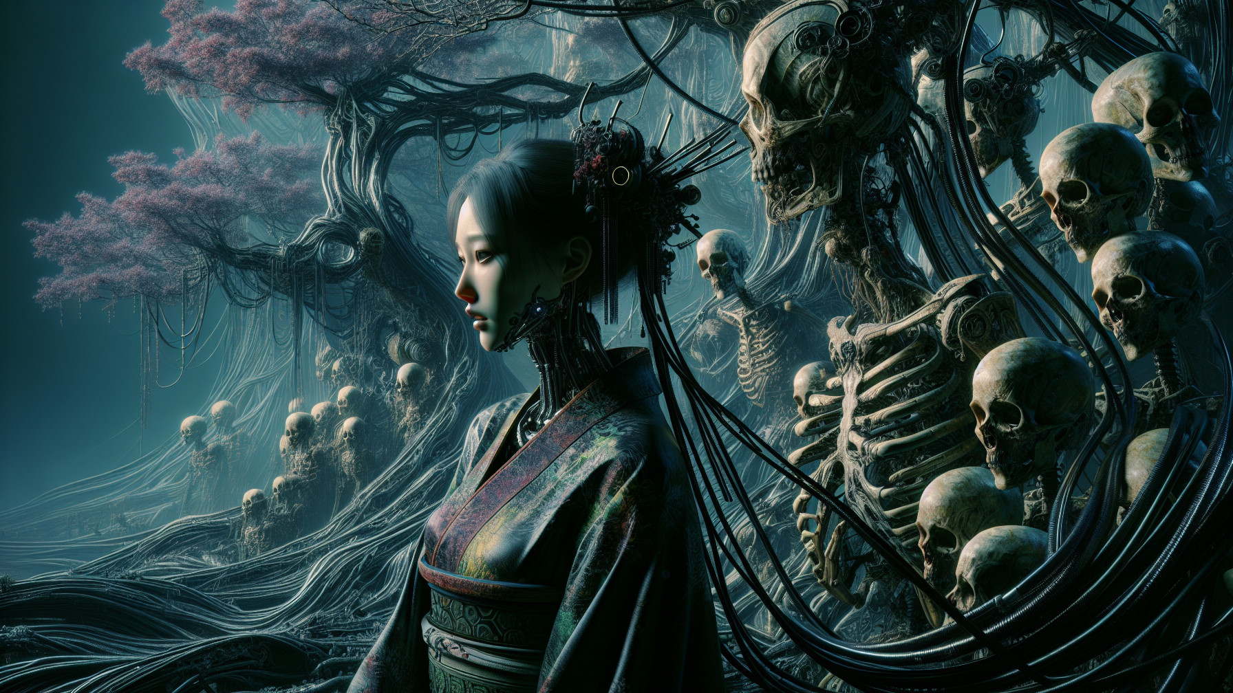 Surreal Landscape with Traditional Figure and Skeletons