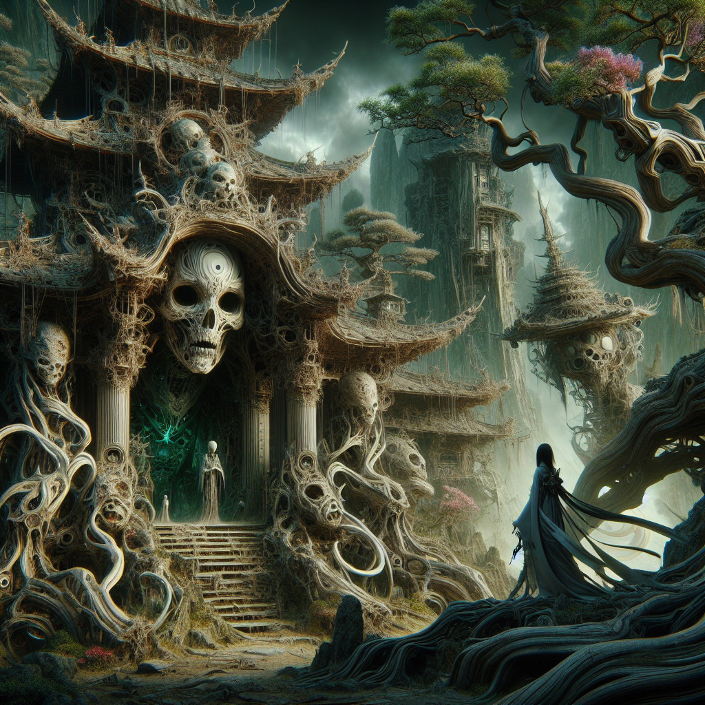 Surreal Landscape with Gothic Structure and Cloaked Figure