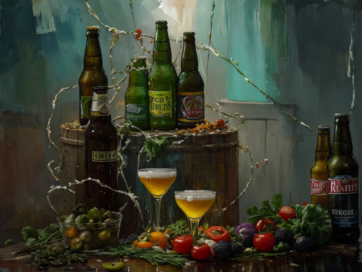 Rustic Barrel with Beer Bottles and Fresh Vegetables