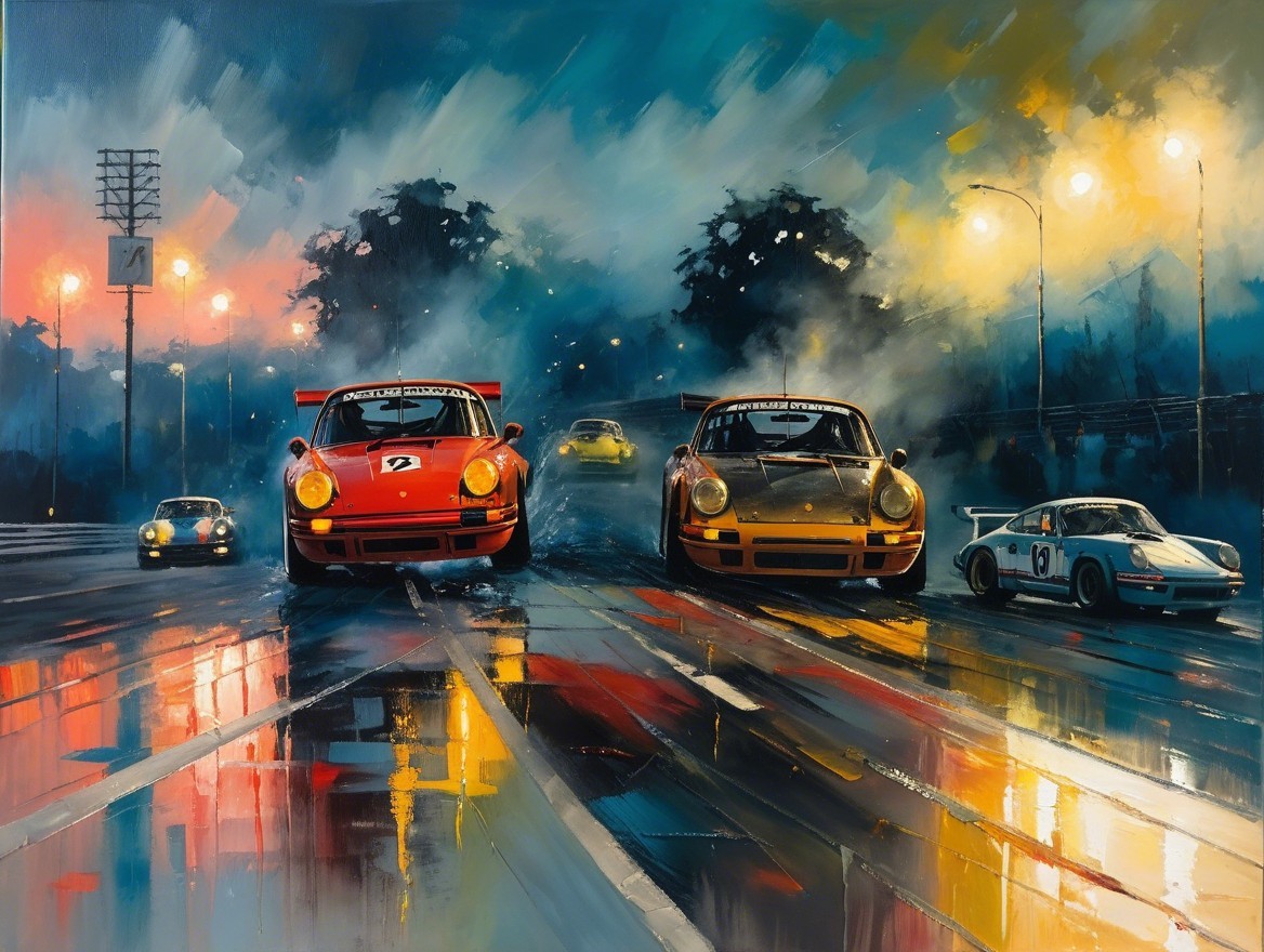 Nighttime Race with Sports Cars on Rain-Slicked Track