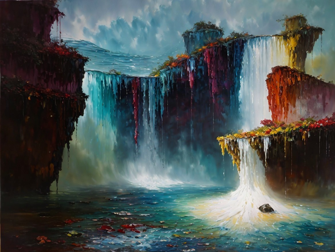 Vibrant Impasto Oil Painting of Waterfall Landscape