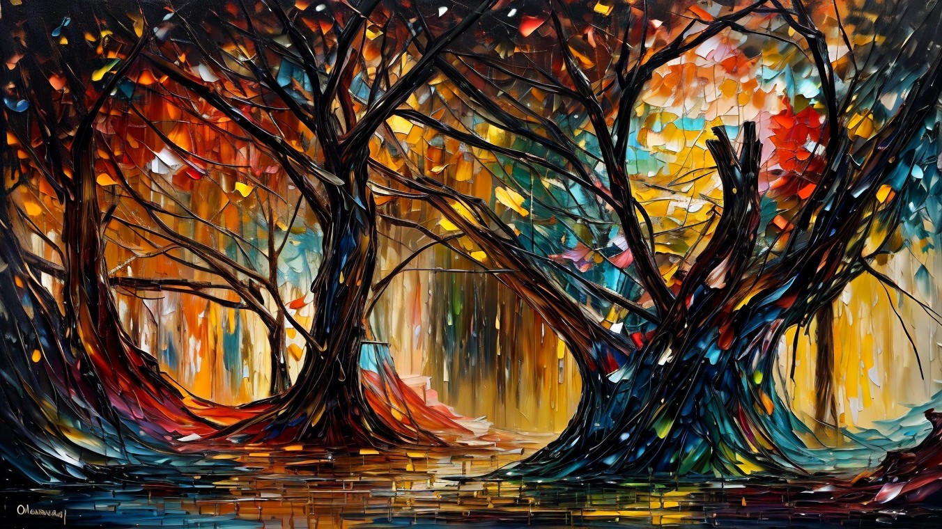 Vibrant Abstract Landscape with Twisted Trees and Water