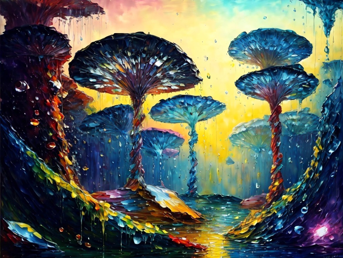 Vibrant Dreamlike Landscape with Colorful Mushrooms