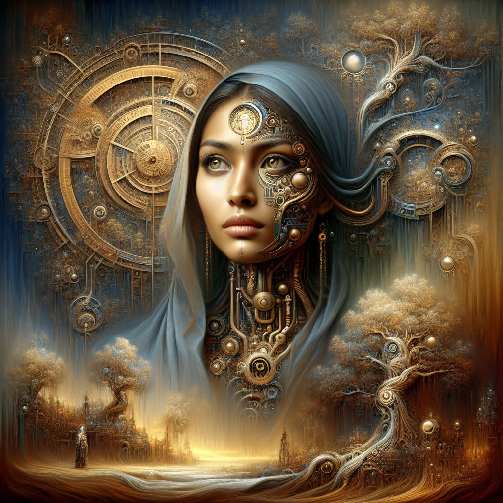 Surreal Female Figure with Metallic Elements in Landscape