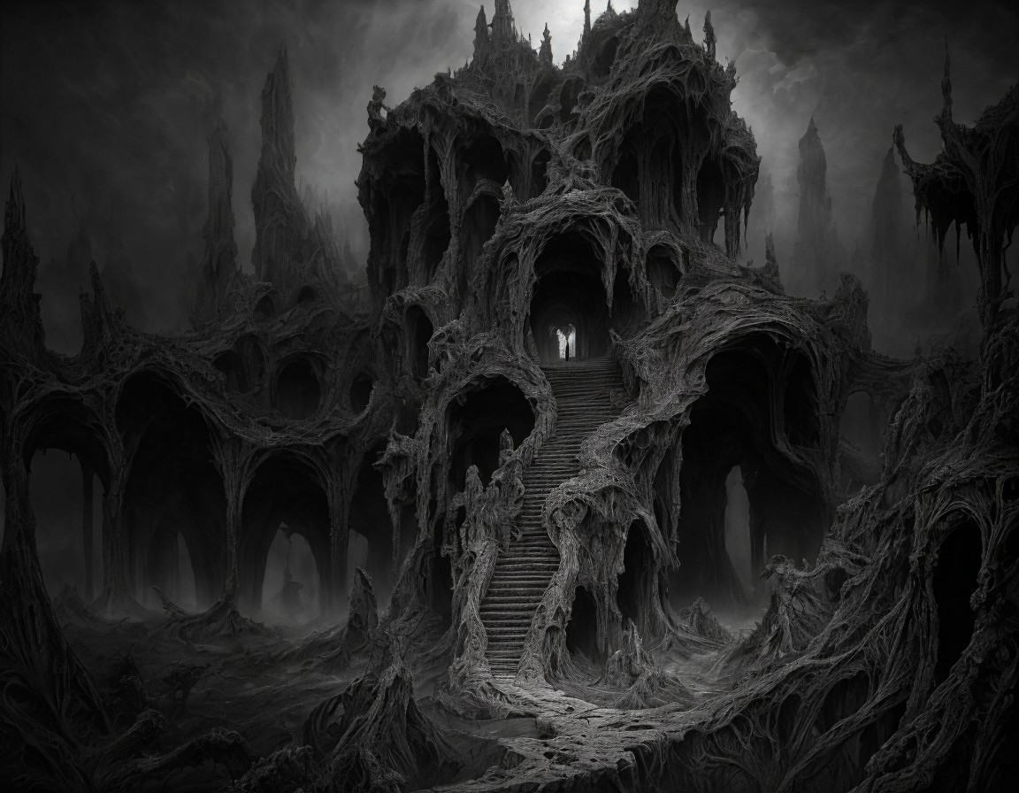 Surreal Dark Landscape with Twisted Castle Structure