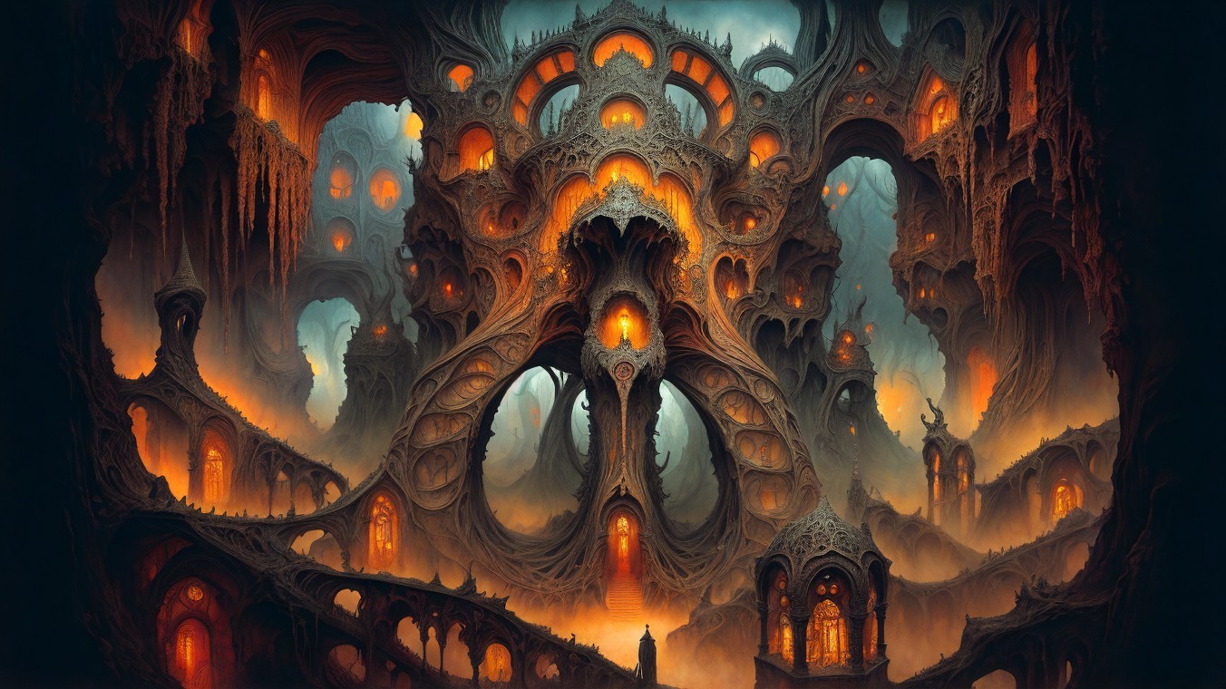Gothic Cavern with Fiery Lights and Organic Shapes