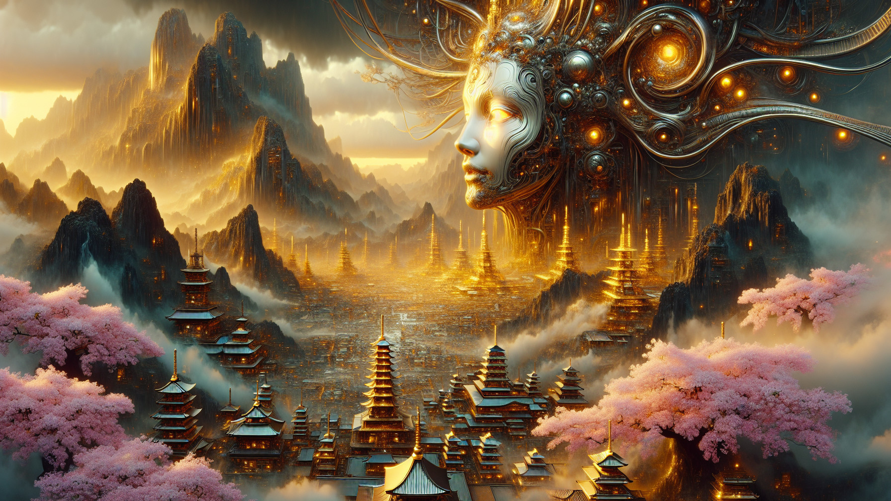 Sci-fi landscape with ancient Asia-inspired elements