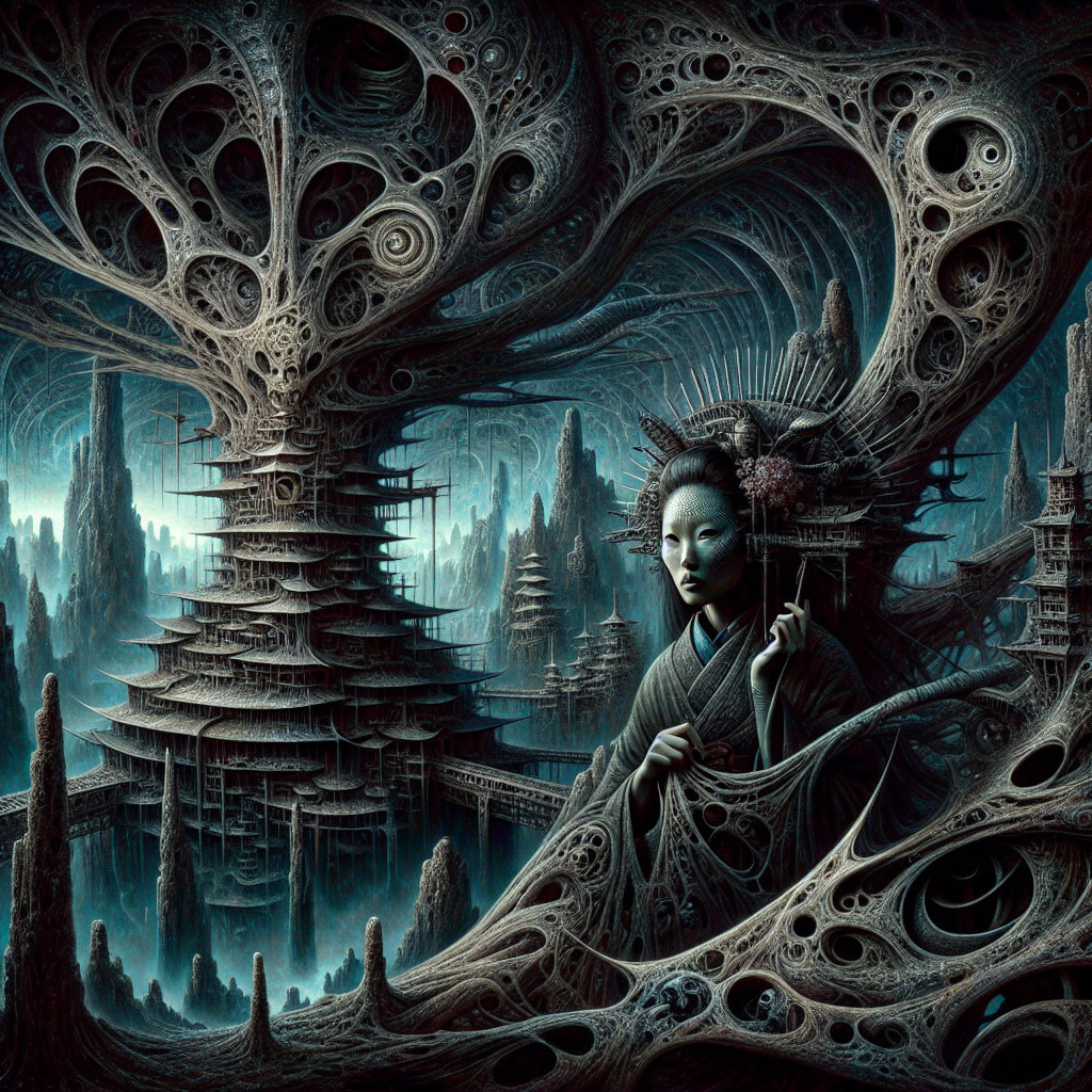 Surreal Landscape with Organic Structures and Figure