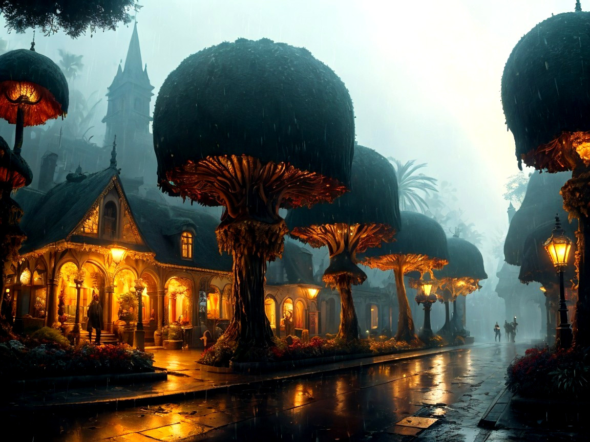 Enchanted Street Scene with Vintage Cottages and Trees