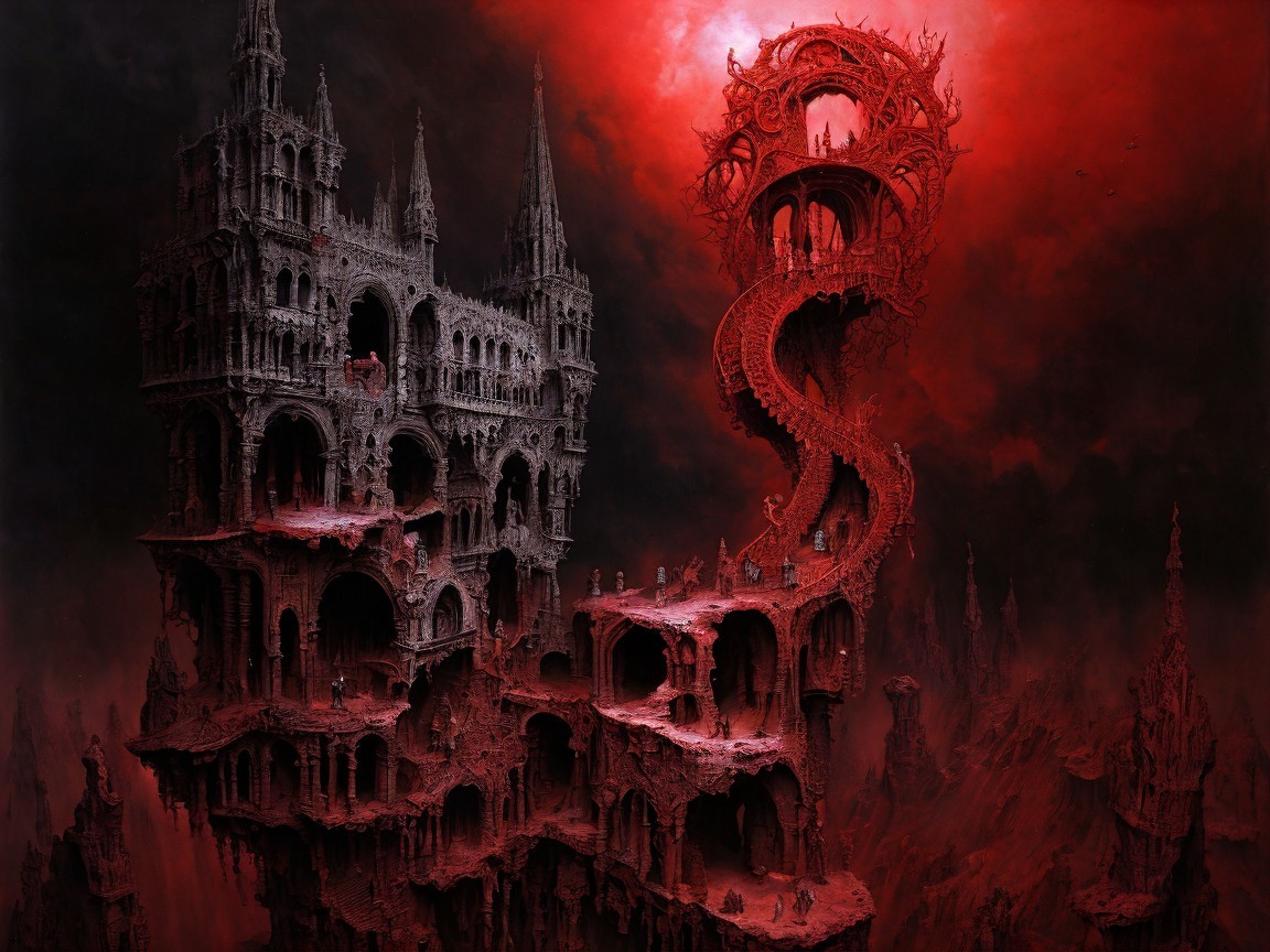 Dark Fantasy Landscape with Twisted Spire and Gothic Elements