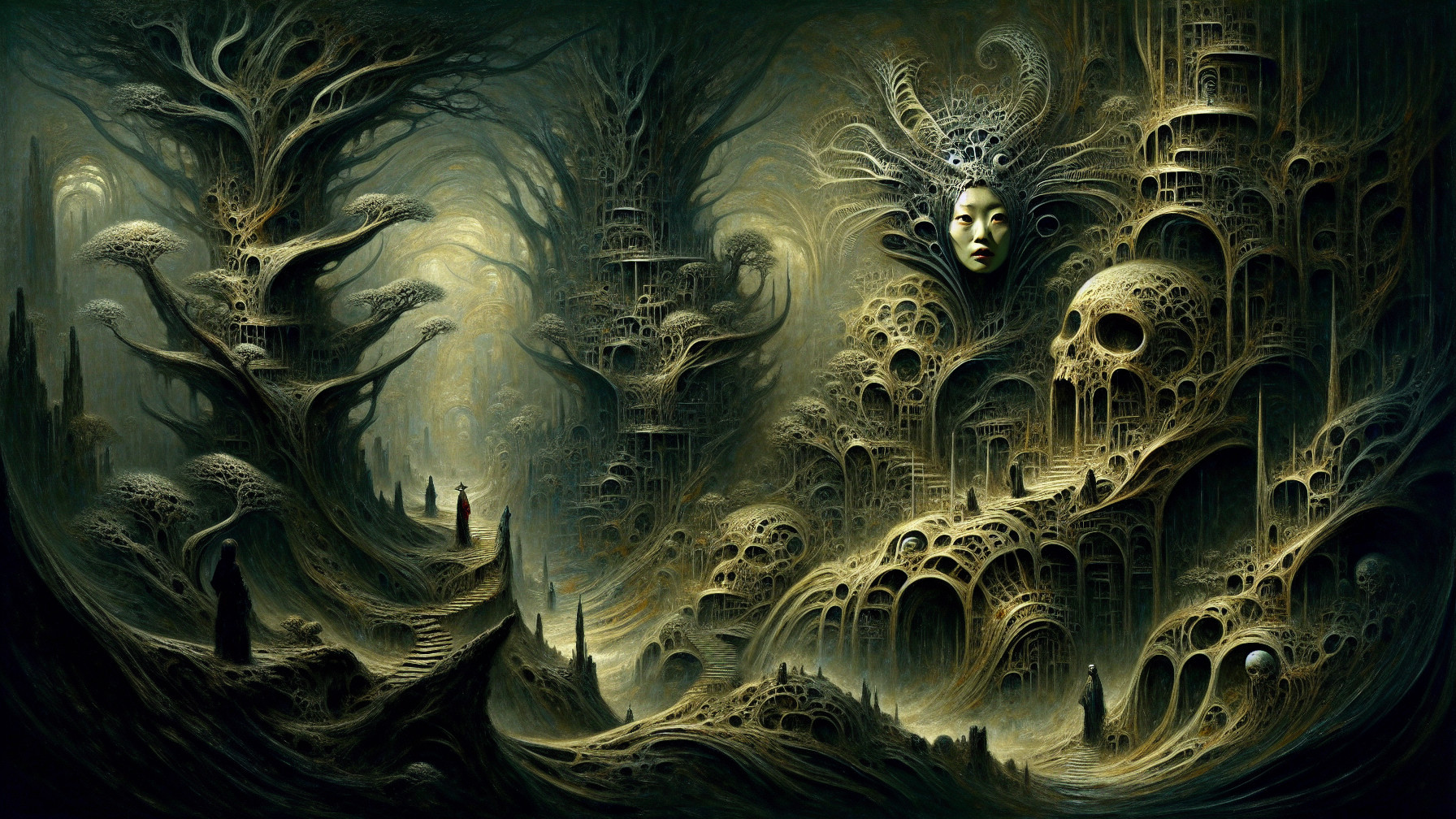 Surreal Landscape with Organic Forms and Ethereal Faces