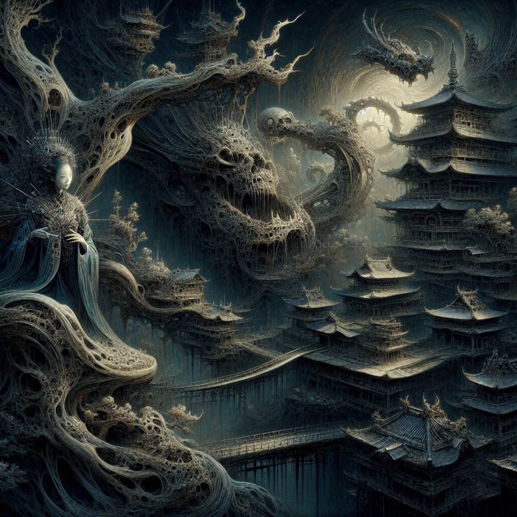 Surreal landscape with organic structures and pagodas
