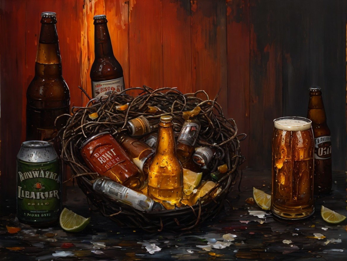Rustic Still-Life Oil Painting of Beverages and Wood