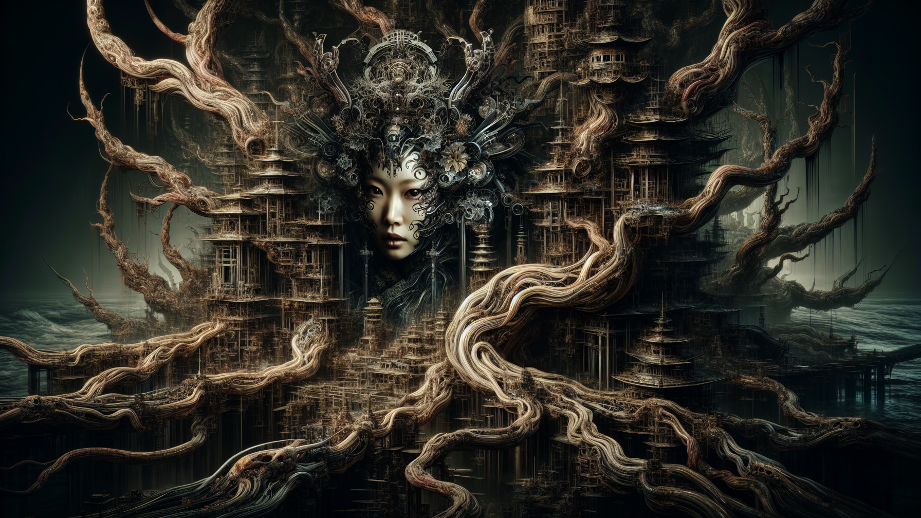 Dark Fantasy Art Featuring East Asian Woman and Cityscape
