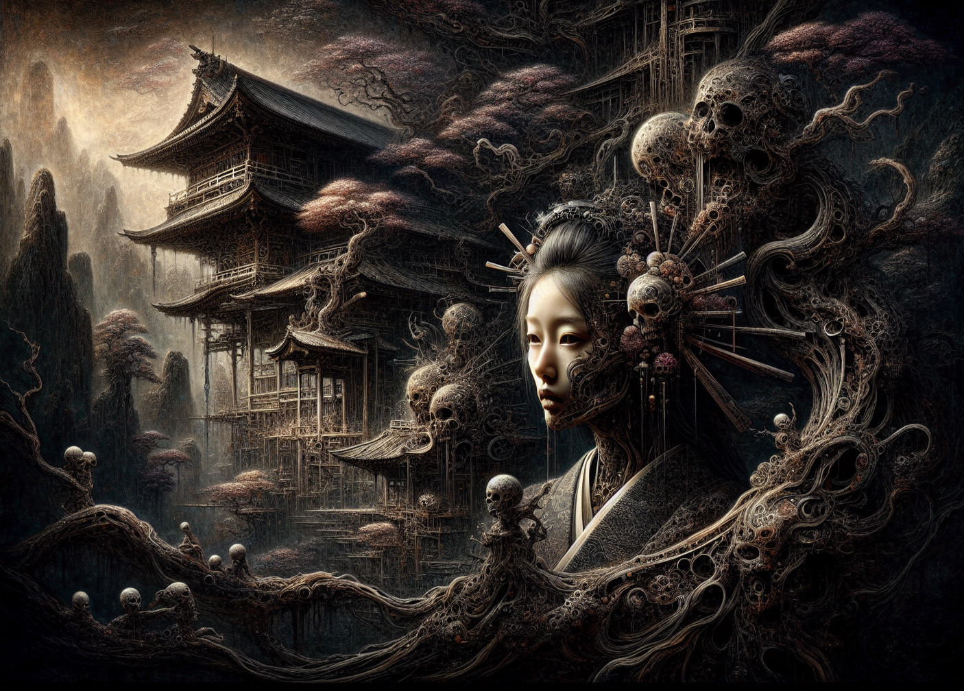 Ethereal Figure Amidst Chaos and Ancient Architecture