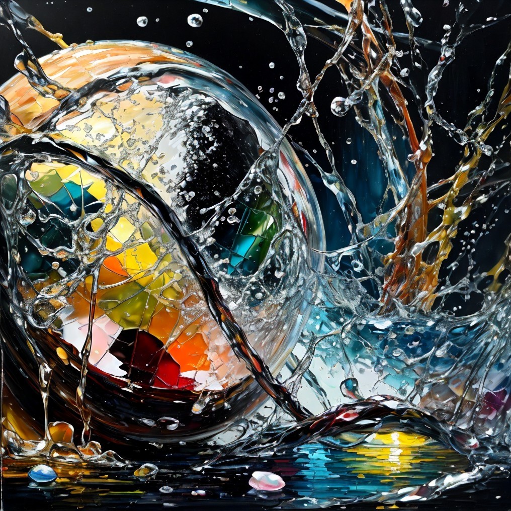 Vibrant Abstract Composition with Reflective Sphere and Water