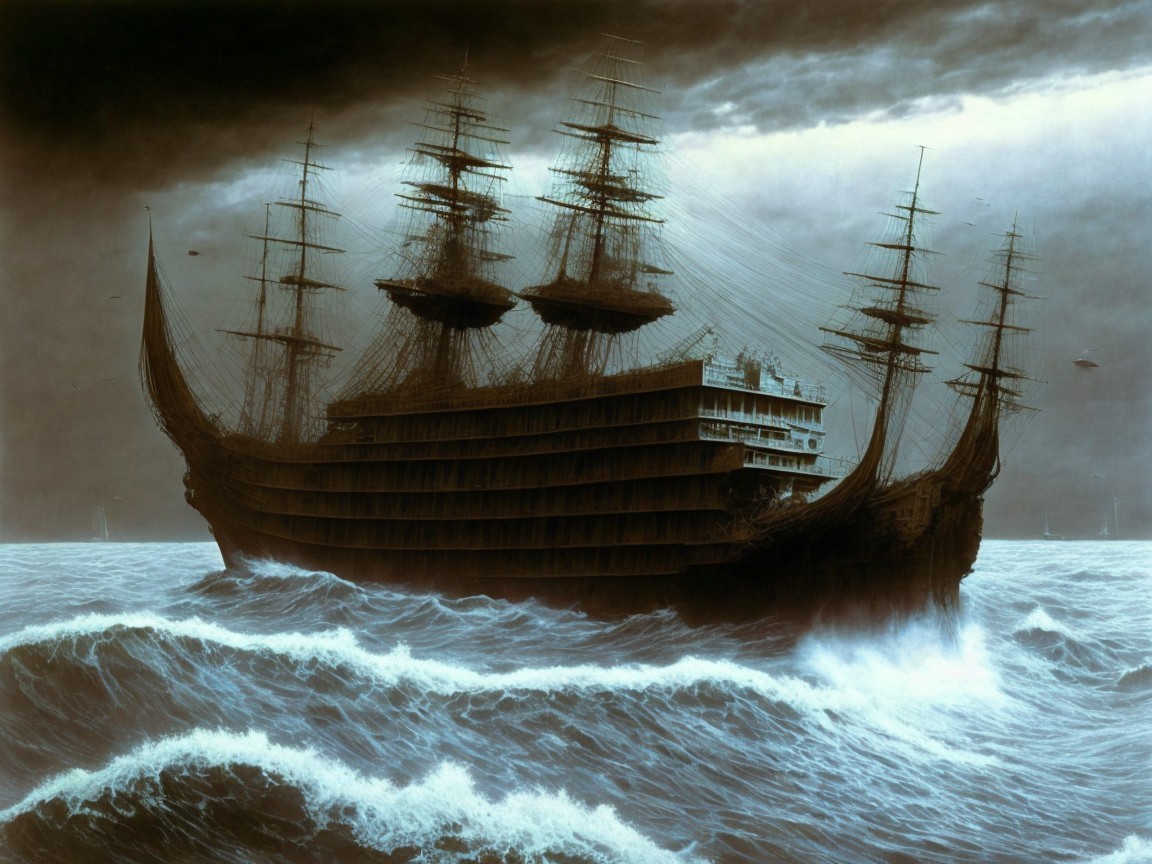 Majestic sailing ship amidst stormy waves and clouds