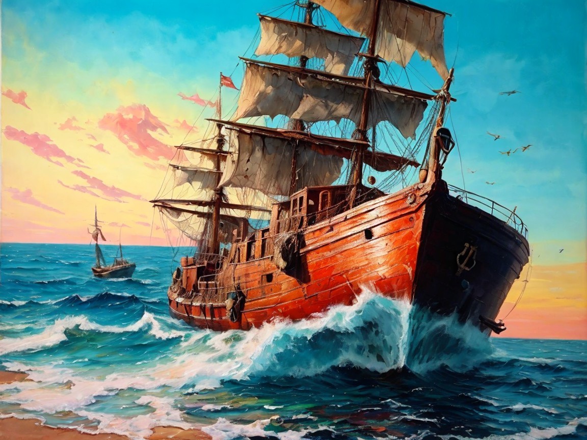 Wooden Ship Sailing in Vibrant Blue Waters at Sunset
