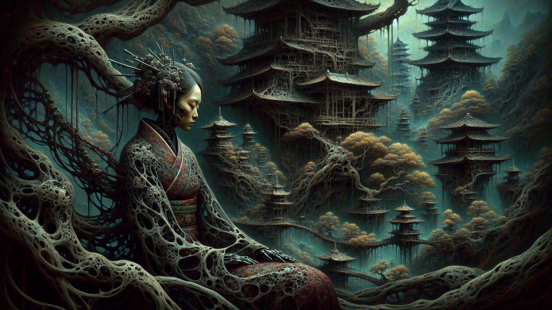 Serene Figure in Traditional Attire in Ethereal Landscape