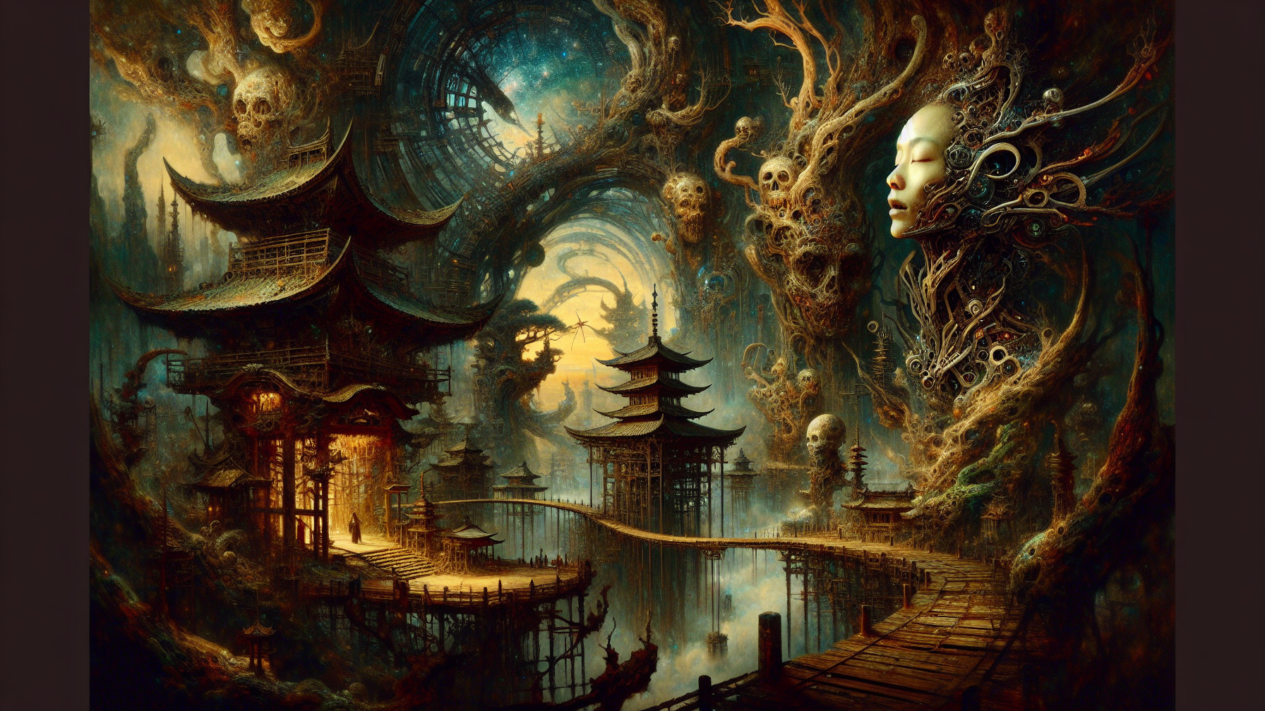 Surreal Landscape of Ancient Architecture and Ethereal Forms