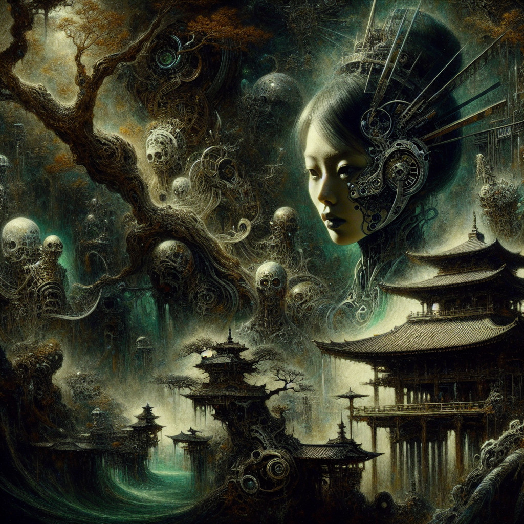 Surreal Dark Landscape with Machinery and Spirits