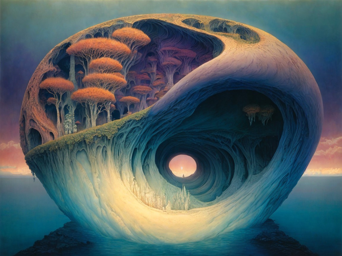 Surreal Landscape with Organic Shell and Vibrant Trees