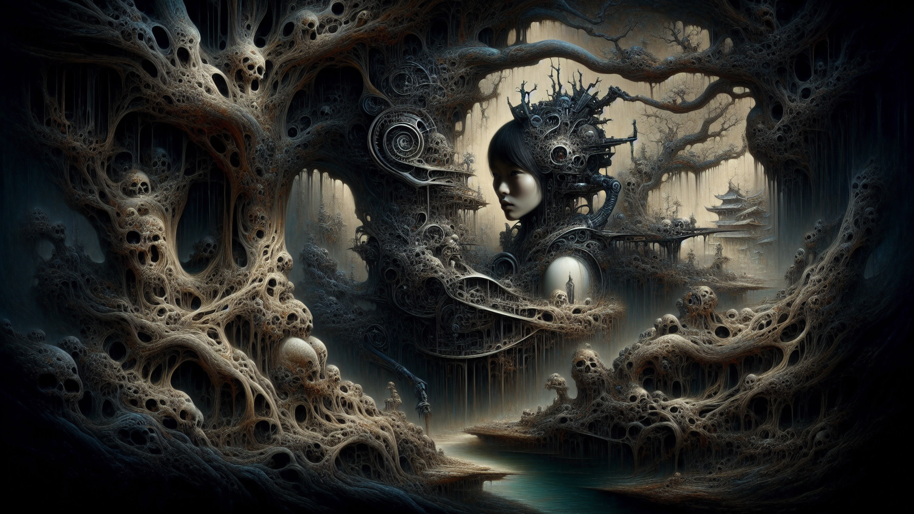 Surreal Landscape with Organic Forms and Female Visage