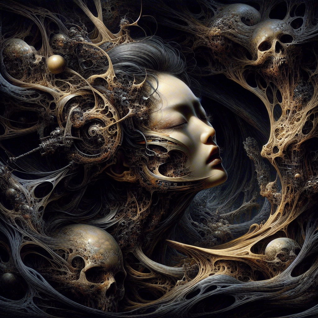 Surreal Composition of a Serene Female Face and Patterns
