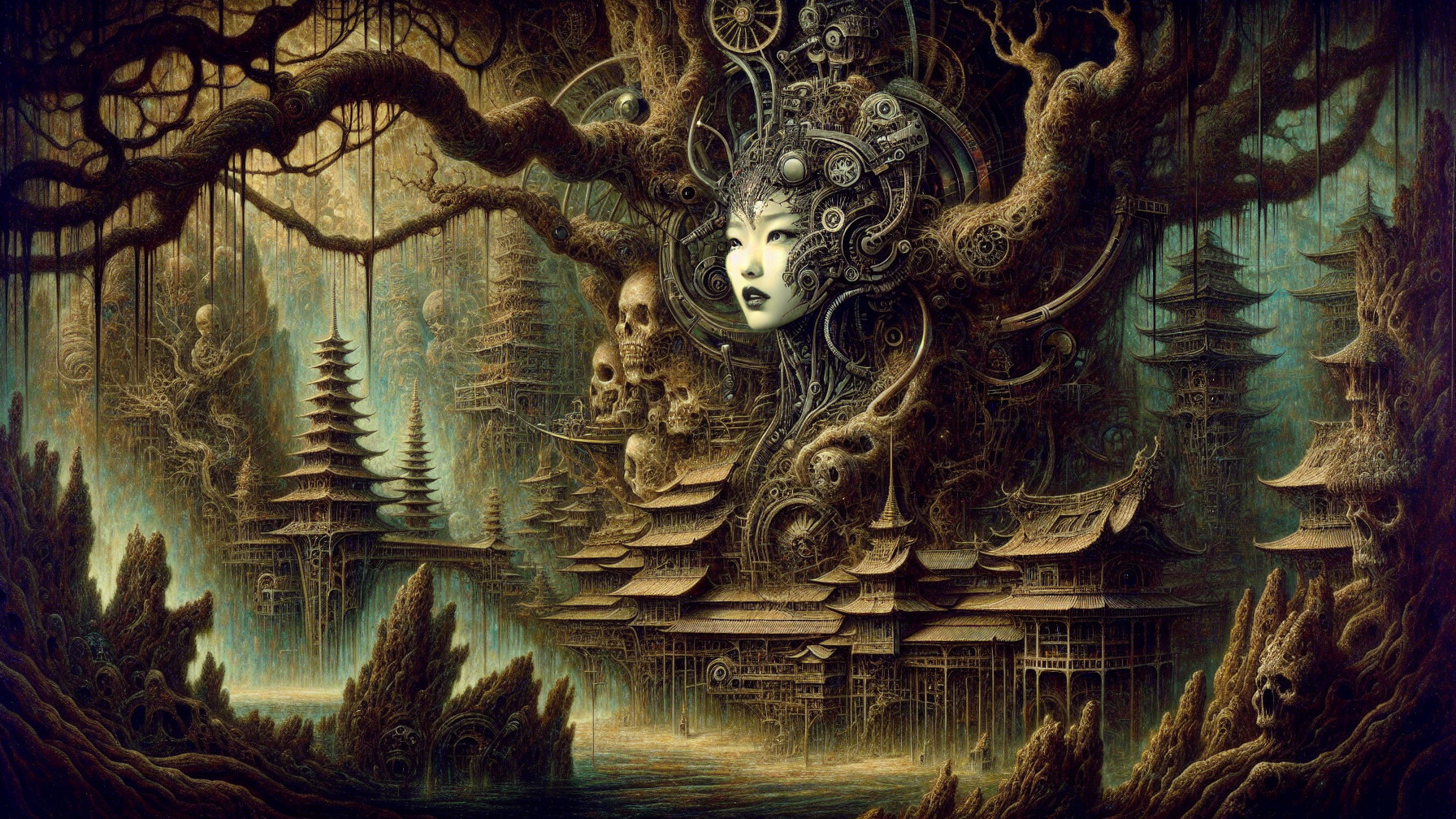 Surreal Landscape with Mechanical Figure and Nature