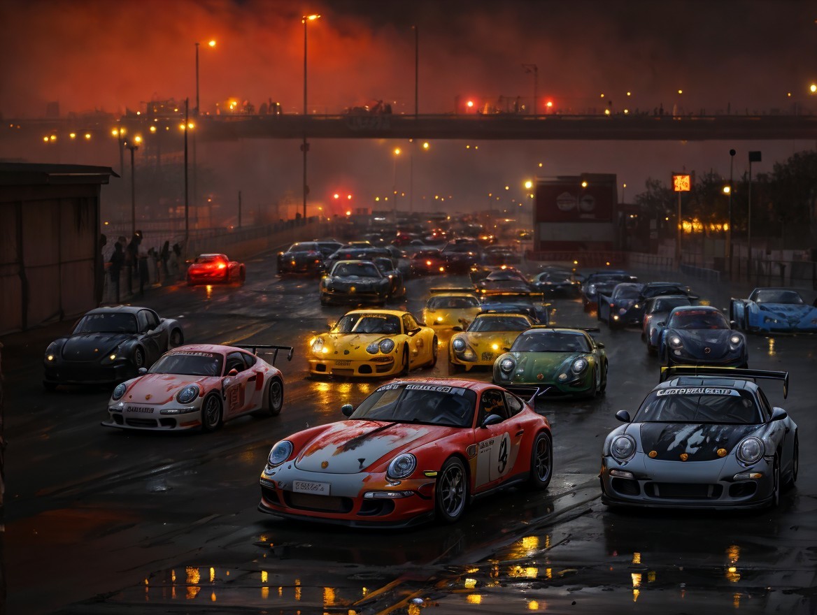High-Performance Sports Cars in Urban Night Scene